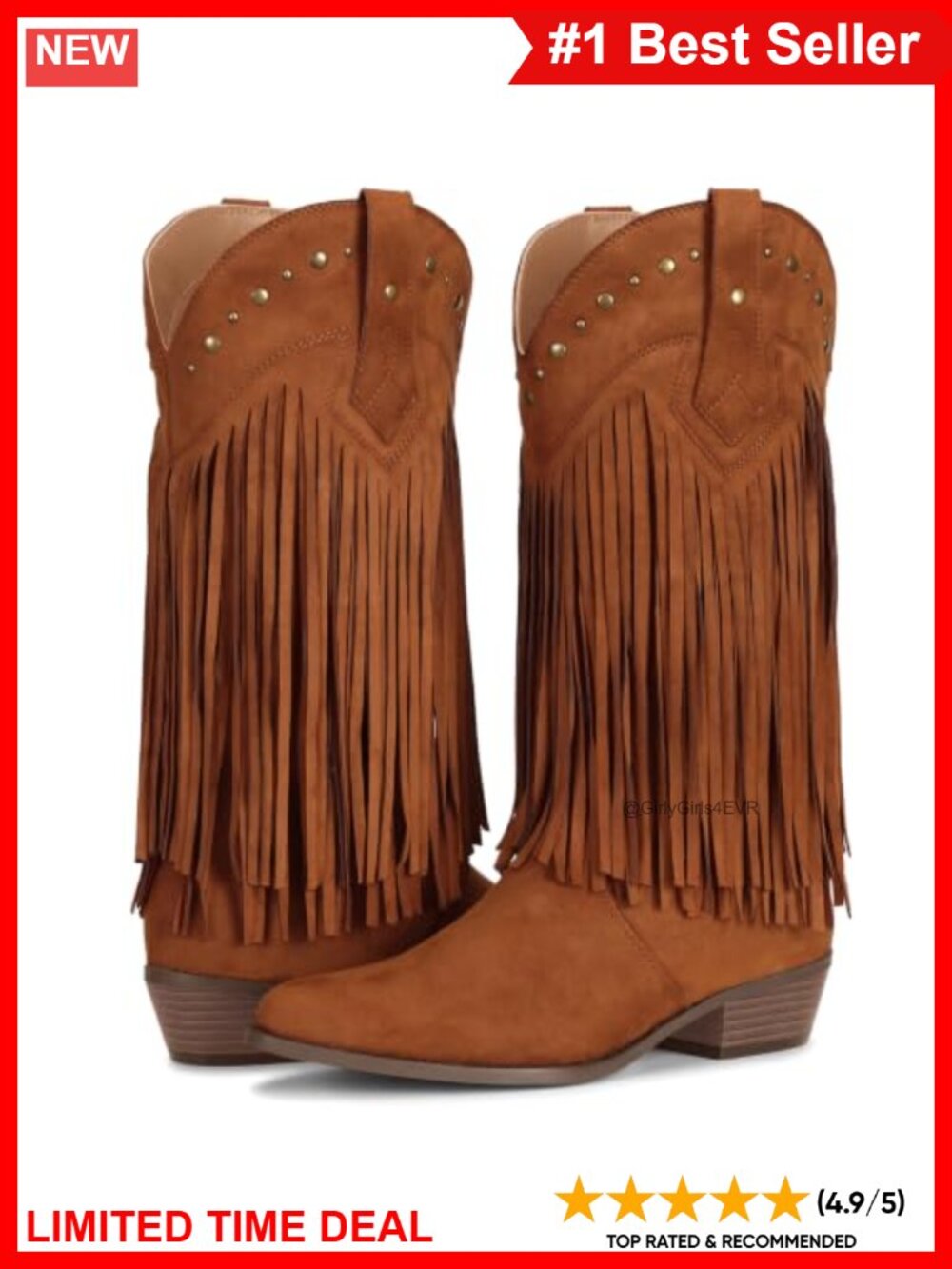 Faux Suede Fringe Cowboy Boots Pointed Toe Chunky Heel Western Mid Calf